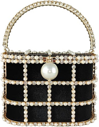 Elegant Black / Gold Emebllished Pearl and Crystal Evening Mini Bucket Handbag
