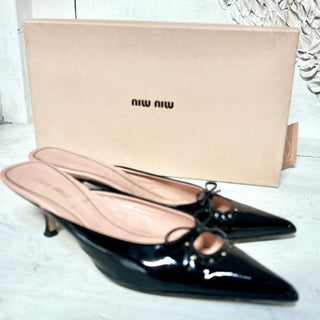 Miu Miu Patent Leather Slip On Pointed Toe Kitten Heel Mule Black Women 36.5 / 6