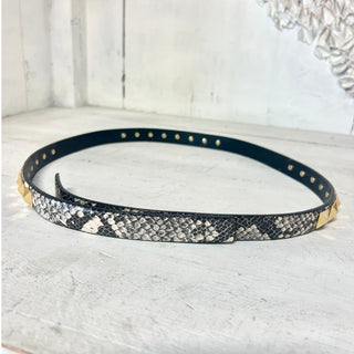 Tory Burch Snake Skin Pattern Gold Studded Waist Thin Belt Black Women's Small