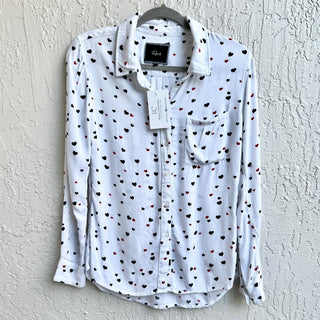 Rails Rocsi Heart Print Long Sleeve Curved Hem Button Down Shirt Top Women's XS