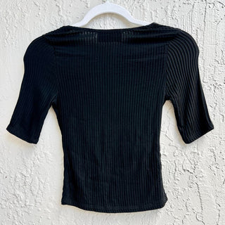 NWT Anemos The Ribbed Short Sleeve V-Neck Tortoise Top Black Women's Size XS