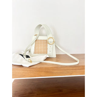 NWT Parisa Wang Calf Leather Audrey Top Handle Shoulder Bag Cream w/ Bamboo