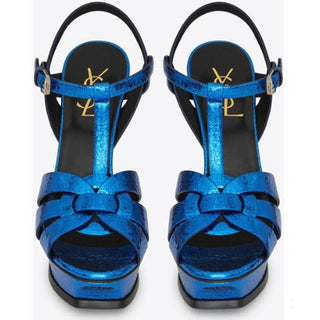 Saint Laurent Tribute Leather T-Strap Metallic Platform Sandals Metal Blue 39L/9