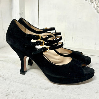 Prada Suede Multi Buckle Strap Peep Toe Maryjane Pumps Black Women Size 37.5 / 7