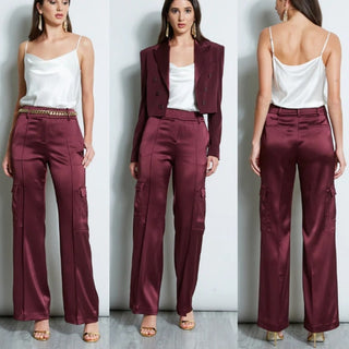 Elie Tahari Satin Pintuck High Waisted Cargo Pants Cordovan Women's Size US 8