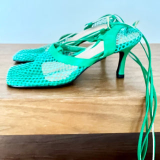 SuoShi QI Wrap Ankle Strap Fishnet Mesh Sandal Green Women's Size 39 / 8.5