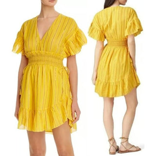 Saylor Adrianne Striped Ruffle-Sleeve V-Neck Mini Dress Yellow Women's Size M