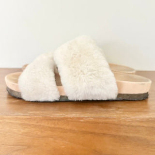 Tory Burch Sheldon Slip On Shearling Two Band Slide Sandals Natural Women's 8.5