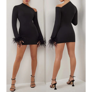 NWT Heiress Asymmetric Feather Trimmed Crepe Long Sleeve Mini Dress Black Small