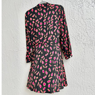 Diane Von Furstenberg Chrissie Silk Blend Long Sleeve  A-Line Dress Black/Pink S