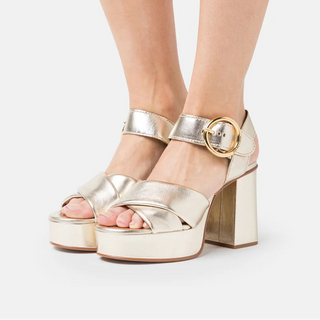 See by Chloe Leather Platform Block Heel Sandal Metallic Light Gold Womens EU 39