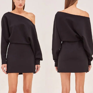 NWT $550 Alexis Katia Long Sleeve Off-The-Shoulder Blouson Mini Dress Black XXS