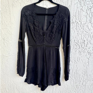 For Love & Lemons Floral Long Sleeve Plunging V-Neck Romper Black Women's XS