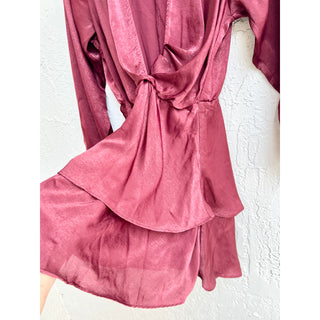 Zara Balloon Sleeve Satin Silky Ruffle Mini Dress Burgundy Women's Size Small