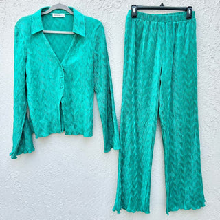 Rivir Dolman Sleeve Textured Shirt & Pull On Pants Set Green Women's Size Medium