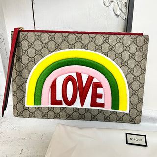 NWT Gucci Calfskin GG Supreme Monogram Embroidered Rainbow Love Zip Pouch