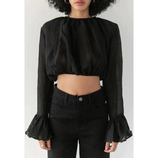 Trois Long Ruffled Sleeve Crinkle Kristin Cropped Top Black Women's Size 0