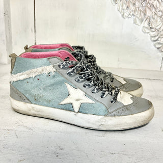 Golden Goose Mid Star Canvas/Leather Lace Up Sneakers Light Blue Women's 38 / 8