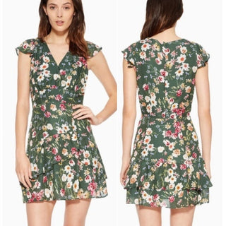 NWT Parker Sloan Silk-Blend Floral Wrap Mini Dress Green Women's Size US 6