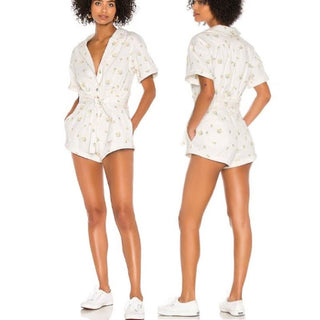 NWT $228 For Love & Lemons Daisy Print Waverly Combishort Romper Cream Women's M