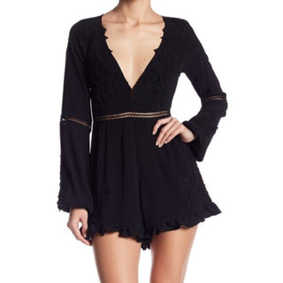 For Love & Lemons Floral Long Sleeve Plunging V-Neck Romper Black Women's XS