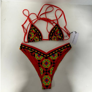 NWT WeWoreWhat Mosaic Cooper Wrap Bikini Top & Delilah Bikini Set Red Women's S