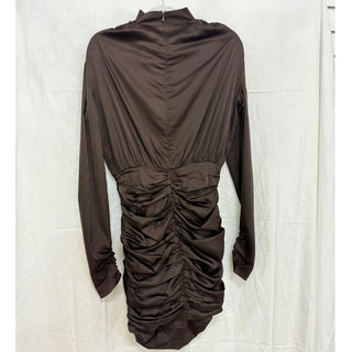 NWT Rare London Long Sleeve High Neck Ruched Satin Mini Dress Brown Women's US 6