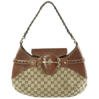 Gucci Monogram Leather Canvas Gg Horsebit Shoulder Bag Brown Size Medium