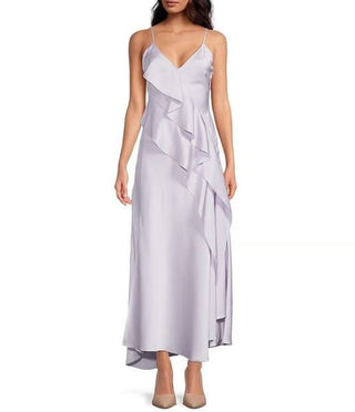 Gianni Bini Quinn Ruffle Draped V-Neck Satin Maxi Dress Lilac Women's Size 10