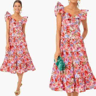 Beulah Tuckernuck Exclusive Rita Floral Pleated Tiered Midi Dress Multi Large