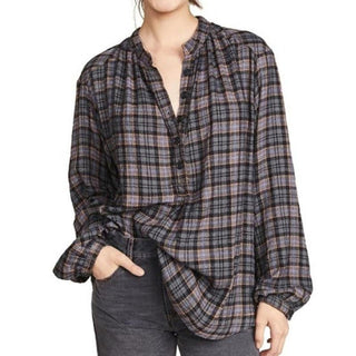 Free People Long Sleeve Checked Plaid Henley Top Shirt Multicolor Women's Large