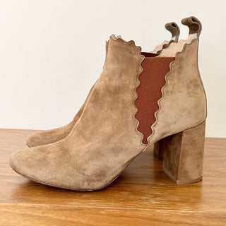 Chloe Lauren Scalloped Suede Ankle Block Boots Light Brown Women's Size 38.5