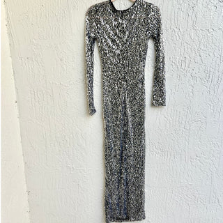 NWT Showpo. Back Split Nicky Sequin Mesh Maxi Dress Black Silver Women's US 2