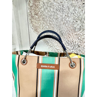 NWOT Bimba Y Lola Canopy Canvas Striped Medium Tote Handbag Green/Tan