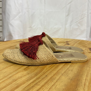 Palma Canaria Fringe Slip On Almond Toe Flat Slipper Mules Beige/Red Women's 39