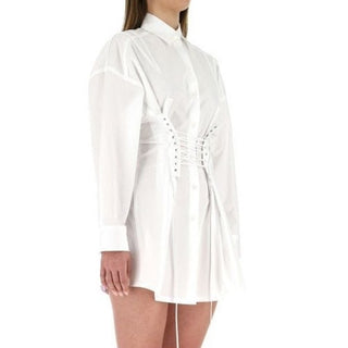 Prada Abito Long Sleeve Lace-Up Button-Up Mini Shirt Dress White Women 36 / US 4