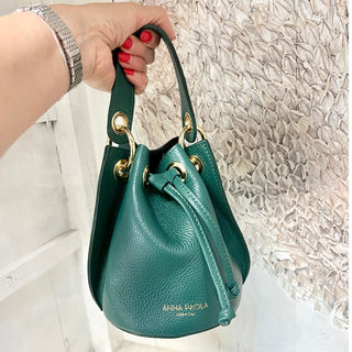 Anna Paola Italian Leather Removable Chain Strap Crossbody Bucket Bag Dark Green