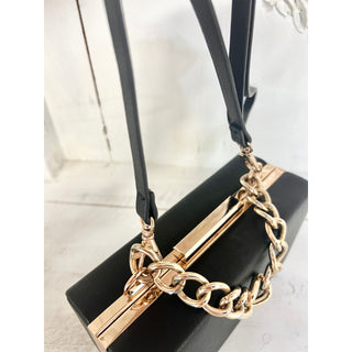 Zara Women's Evening Shoulder Box Handbag Faux leather with Gold Chain Black