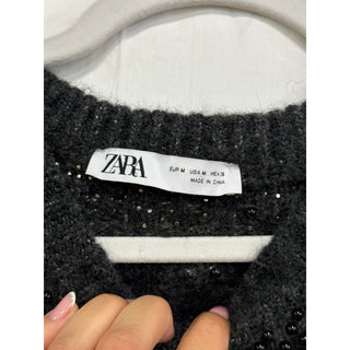 Zara Long Sleeve Round Neck Knit Sweater With Faux Pearl Dark Gray Womens Size M