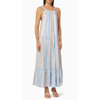 NWT Greek Archaic Kori Sleeveless Embroidered Tiered Maxi Dress Blue Women's S