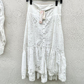 NWT Especia Eyelet Button Front Top&Smocked Waist Skirt Set White Women's Size M