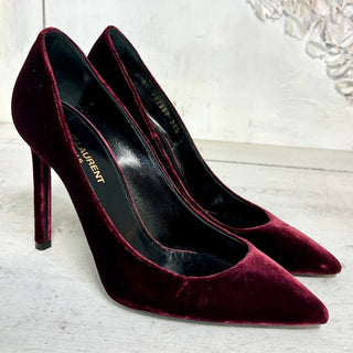 Saint Laurent YSL Anja 105 French Velvet Stilettos Pump Burgundy Women's 36.5