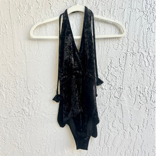 NWOT Misa Mavi Velvet Halter Wrap Tie Front Swim Bodysuit Black Womens Size XS