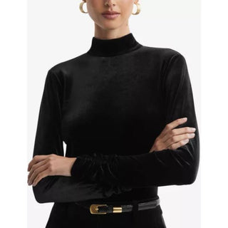 NWT Reiss Long Sleeve Ruched Caty High Neck Velvet Top Blouse Black Women's M