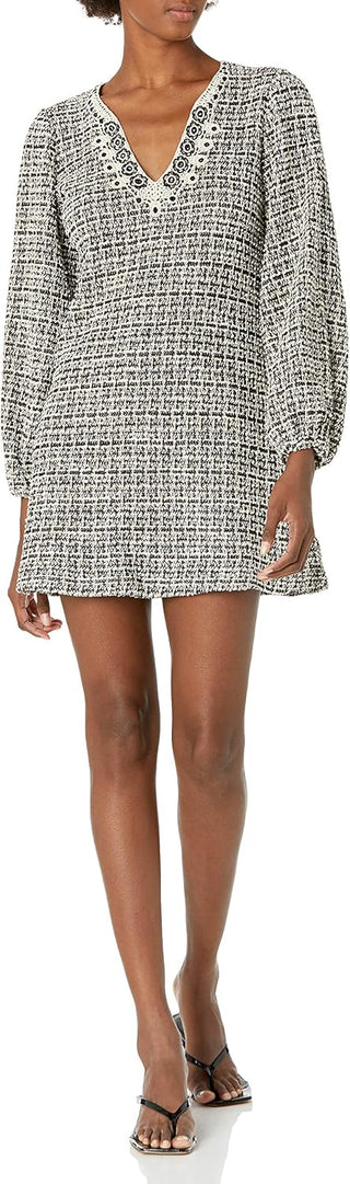 Max Studio Embellished Puff Sleeve Quarter Tweed Shift Mini Dress White Black L