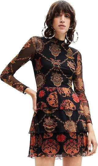 Desigual Floral Long Sleeve Pleated Tunic A-Line Mini Dress Black Multi Women XL