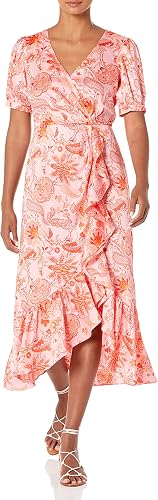 Cinq à Sept Kay V-Neck Faux Wrap Midi Dress with Ruffle Trim Pink Womens Size 14