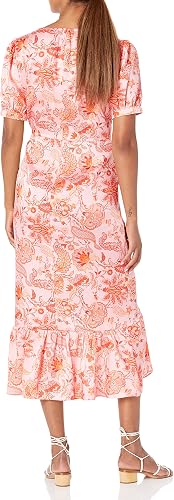 Cinq à Sept Kay V-Neck Faux Wrap Midi Dress with Ruffle Trim Pink Womens Size 14