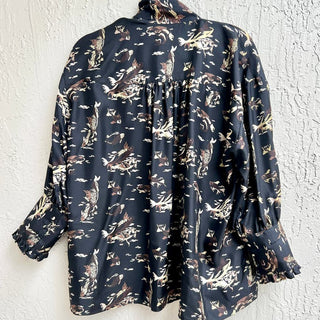 NWOT Khaite Long Sleeve Fran Koi Print 100% Silk Top Blouse Black Women's Size S