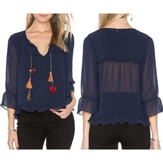 MISA Los Angeles Aleks 3/4 Sleeve Tassel-Trim Ruffle Blouse Top Navy Women's XS